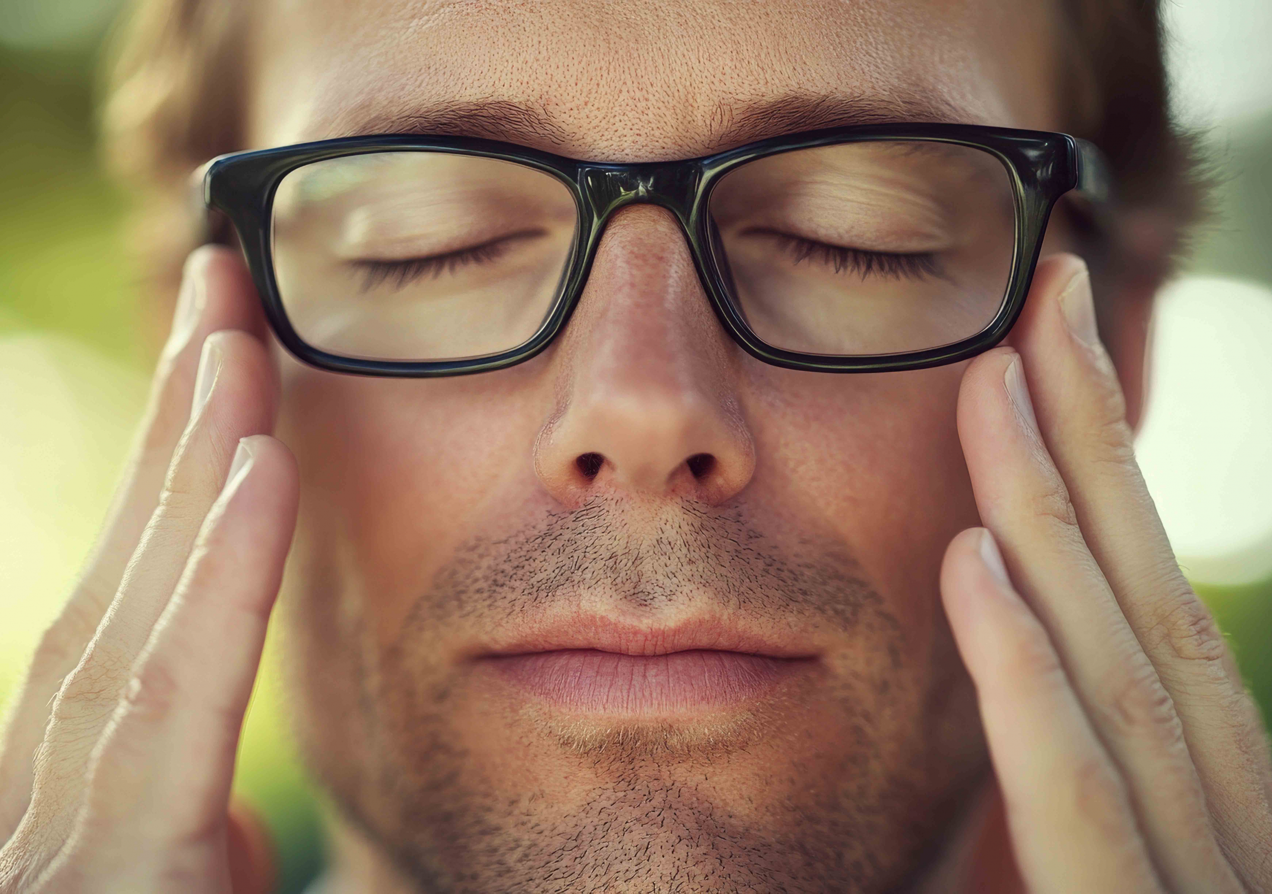 Nahaufnahme eines Menschen mit geschlossenen Augen und Brille. Die Person berührt mit den Fingerspitzen beide Schläfen, der Gesichtsausdruck wirkt ruhig und konzentriert.