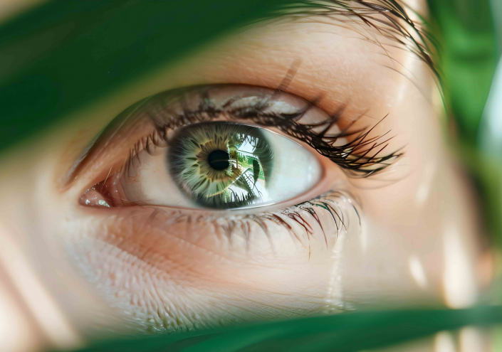 Nahaufnahme eines menschlichen Auges mit grünlicher Iris. Das Auge ist von grünen Blättern teilweise umrahmt. Lichtreflexe spiegeln sich auf der Pupille. AdobeStock 857303469